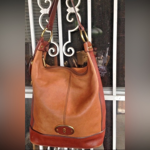 Fossil vintage reissue brown leather hobo bag brass zipper hardware tote shopper - Picture 1 of 11